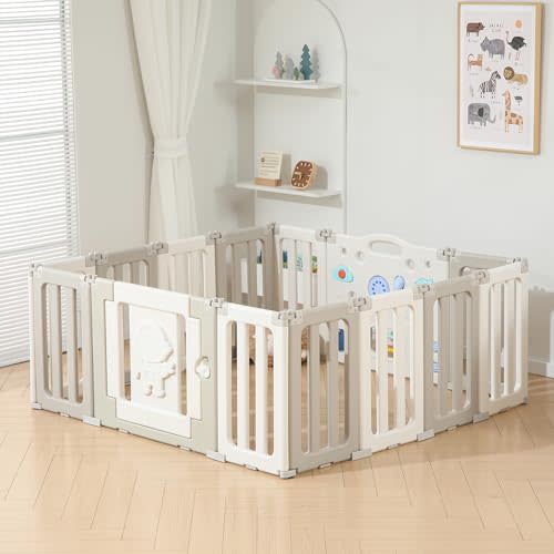Baby Play Pen, Foldable Play Pens for Babies and Toddlers, 14 Panels Extra Large Baby Playpen, Astronauts Portable Fence, Kids Gate Playpen Yard - Grey
