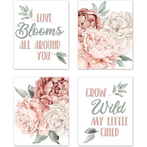 Sweet Jojo Designs Blush Pink Boho Shabby Chic Floral Girl Wall Art Prints Room Decor for Baby Nursery Kids Bohemian Off White Ivory Vintage Garden Watercolor Flower Nature Elegant Pastel Dusty Rose