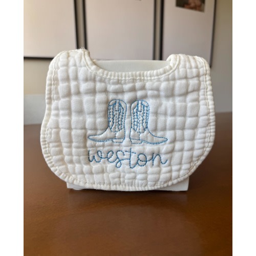 Personalized Cowboy Western Baby Bib, Custom Name Muslin Bib, Baby Gift, Monogram Bib, Cowboy Boots Bib, Baby Shower Gift, First Rodeo Bib