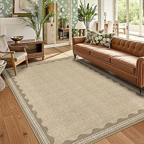 GarveeHome Washable Rugs 5x7 Rug for Living Room, Scalloped 5 x 7 Rug Solid Tan Jute Digital Printing Modern Low-Pile Carpet for Bedroom Dining Nursery Non Slip Mat with Rubber Back
