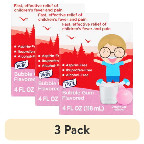 (3 pack) Equate Children's Pain & Fever Acetaminophen Oral Suspension, 160 mg, Bubble Gum Flavor, Ages 2 to 11 Years, 4 fl oz, Compare to Children's Tylenol® Oral Suspension Active Ingredient