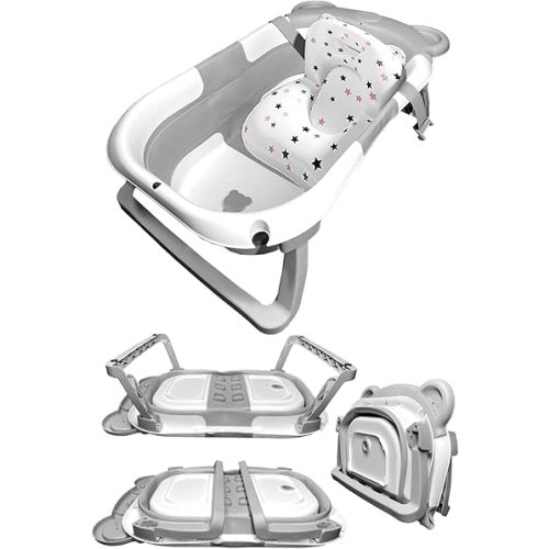 Collapsible Baby Bathtub with Floating Cushion, Foldable Infant to Toddler Bath Tub (0-36 Months), Portable Travel Shower Tub for Newborns