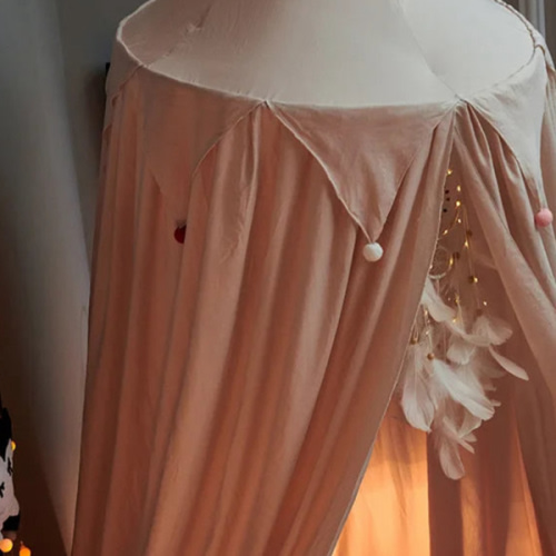 Kids Bed Canopy With Tassel & Frill Detail - White, Pink & Grey