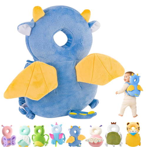 Baby Head Protector Backpack,Blue Dinosaur Toddler Pillow Backpack with Adjustable Shoulder Straps,Soft PP Cotton Back Cushion for Crawling Sitting and Supervised Daily Use for 6-24M+
