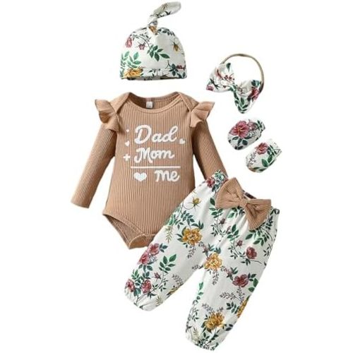 ChuYuKu Baby Girls Newborn Long Sleeve Romper Infant Winter Clothes Floral Pants Outfits with Headband & Mittens 0-6M