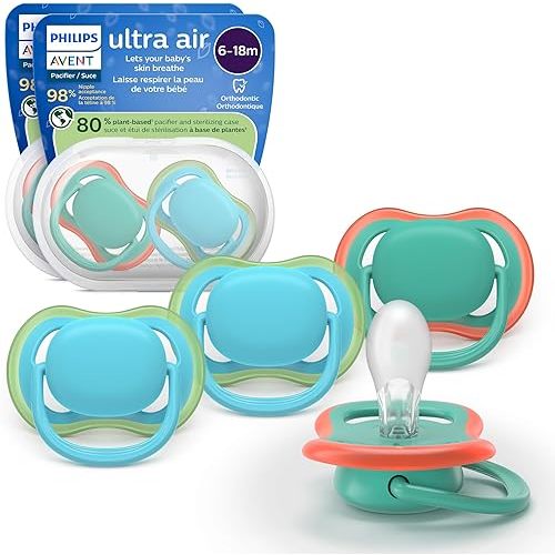 Philips Avent Ultra Air Pacifiers - Orthodontic Design, for Babies 6-18 Months, Soft Silicone Symmetrical Nipple, BPA-Free, 2 Sterilizing Cases, 4 Pack, SCF087/24