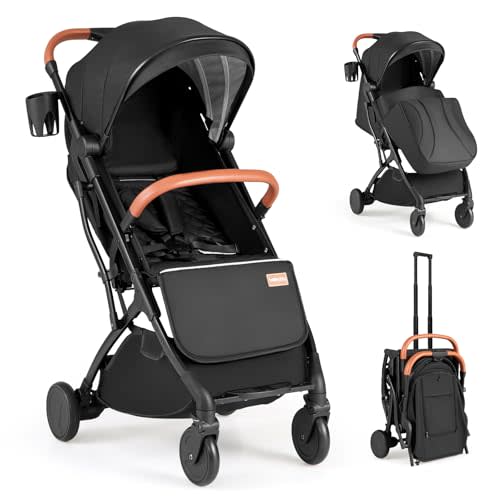 BABY JOY Lightweight Stroller, Compact Travel Stroller with One-Hand Fold, Adjustable Backrest, Canopy, Cup Holder, Footmuff & Storage Basket for Toddlers (Black)