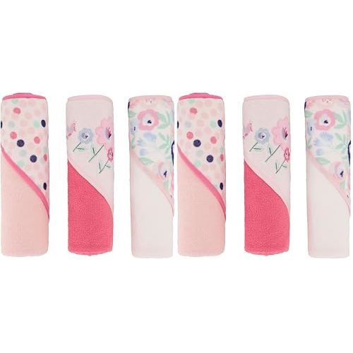 Cudlie Buttons & Stitches Baby Girl 6 Pack Rolled/Carded Hooded Towels in Blooms & Dots Print, GS71731