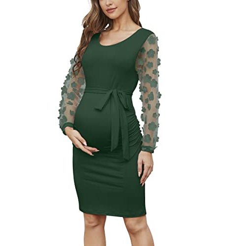 Floral Mesh Bishop Long Sleeve Maternity Midi Dress, Fall Maternity Bodycon Dress for Baby Shower