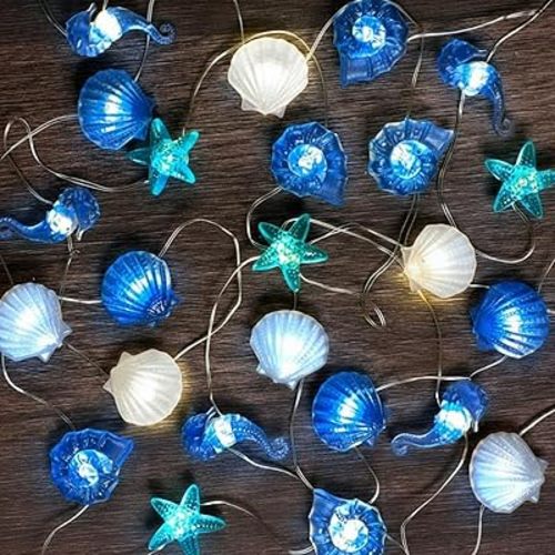 Xuhal 2 Sets Total 20 FT 60 LED Ocean Decor String Lights for Bedroom Beach Nautical Theme Lights of Marine Life Seashell Seahorse Conch Waterproof Decor Battery Operated for Beach Bedroom Holiday