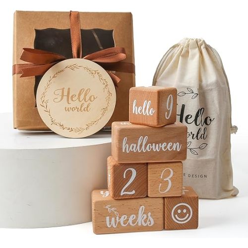 Milestone Blocks Set of 6 Baby Age Blocks for Monthly Milestone Wooden Photo Props Set Perfect for Baby Shower and Keepsake