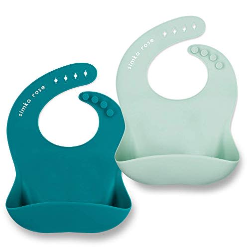 Simka Rose Silicone Baby Bibs with Food Catcher - Adjustable Soft Catch All Bib for Boys & Girls - High Chair Dining Table