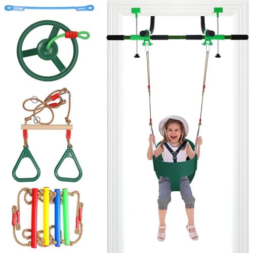 Doorway Swing mount for Kids & Door Pull Up Bar for Adults, Indoor Kid Swing with 4 Accessories, Multi-Function Doorway Gym, Fits Door Frame 24.41-30.51'' W x 3.94-6.69'' Thickness (Dark green)
