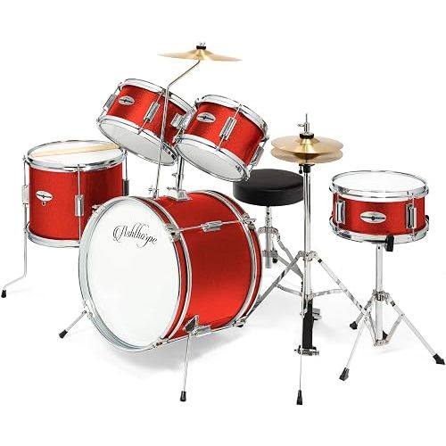 Ashthorpe 5-Piece Complete Kids Drum Set with Genuine Brass Cymbals - Junior Beginner Kit with 16" Bass, Throne, Hi-Hats, Pedals & Drumsticks - Red