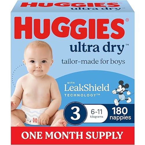 Huggies Ultra Dry Nappies Boys Size 3 (6-11kg) 180 Count - One Month Supply (Packaging May Vary)