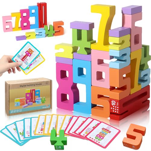 Wooden Number Building Blocks - 20Pcs Stacking for 3+ Years Old Kids, Digital Building Blocks, 1-10 Digital Blocks Toys, Balance Competition Toy, Educational Gift for Boys and Girls