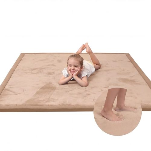 Baby Play Mat for Floor,1.3" Thick Memory Foam Tummy Time Mat,Water Repellent Soft Velvet Nursery Rug,Extra Large Non Slip for Crawling,Toddlers,Infants,Kids,Tatami Style for Living Room(Light Brown)