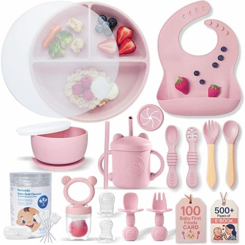 Remonda 23-Piece BPA-Free Silicone Baby Feeding Set | Extra Large Suction Plates, Toddler Bowls, Self Feeding Spoons, and More | Dishwasher Safe| Baby Led Weaning Supplies (Pink) A1