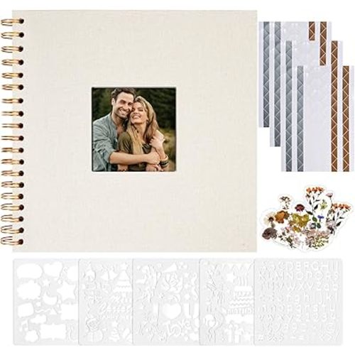 Vienrose 8x8 Inch Scrapbook DIY Small Hardcover Kraft White Pages Scrapbook Photo Album Linen Cover Scrap Book Photo Albums Scrapbooking Supplies Kit for Couple Family Wedding Travel