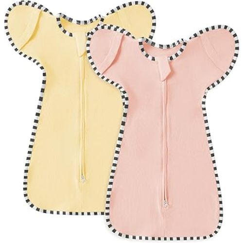 ANHEBEIBEI Soft Cotton Swaddle Blanket, Arms Up Baby Sleep Transitional Swaddle Sack Wearable Sleeping Bag for Boy Girl (Pink + Beige, S(0-3 Months))