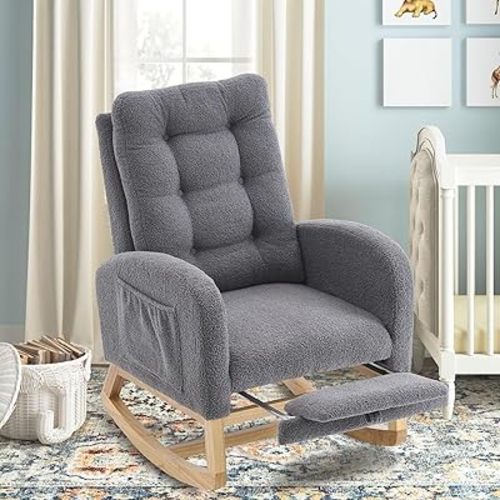 Nursery Rocking Chair with Retractable Foot Rest, Teddy Glider Rocking Chair, Mid Century Rocker Chair, High Back, Solid Wood Legs