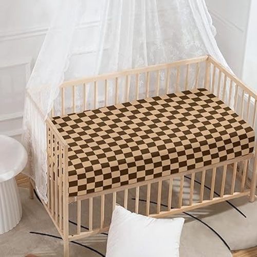 Brown and Beige Checkered Baby Crib Sheet for Boys Girls Cute Gingham Neutral Crib Mattress for Decor Standard Bassinet Sheets Funny Toddler Bed Sheets for Christmas Halloween Present 52 x 28 in