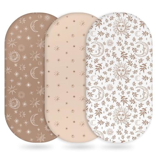 Baby Bassinet Sheets Girl Boy, Fitted Bassinet Sheet Set 3 Pack Bassinet Mattress Sheets Universal Fit for Rectangle, Round, Oval, Hourglass Mattress, Soft Breathable White Brown Sun God