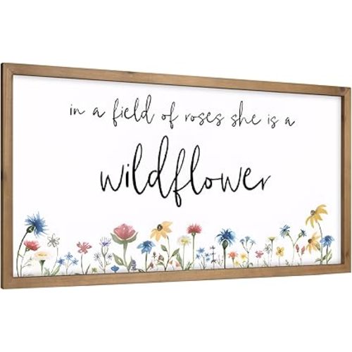 pechpell 23.6×15.7 Inch In A Field Of Roses She Is A Wildflower Sign, Wooden Wildflower Wall Art With Wood Framed, Floral Pictures Nursery Bedroom Living Room Decor For Home