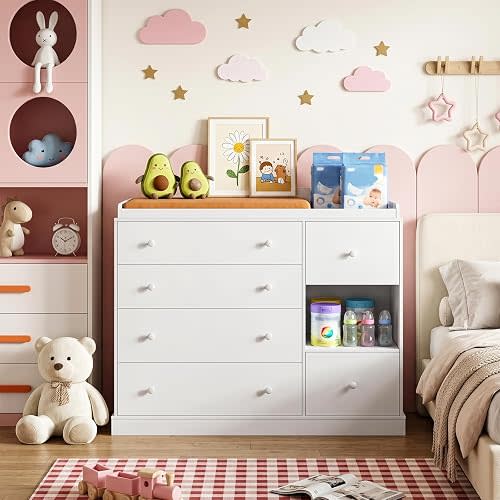 Vabches Kids Dresser Cabinet with Changing Table, Baby Dresser, White