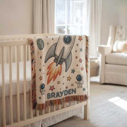 Personalized Space Astronaut Blanket Woven Rocket Ship Newborn Space Nursery Custom Baby Boy Blanket Name Blanket Kids Space Birthday Gift