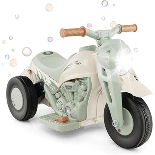 Honey Joy Ride On Motorcycle,6V Toddler Motorcycle with Bubble Maker,LED Light,Music,Foot Pedal,Forward/Backward,3-Wheel Battery Powered Electric Motorcycle for Kids,Gift for Boys Girls (Beige)