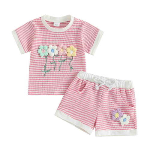 TOWED22 Girls Summer Casual Outfit 2-Piece Set Floral T-Shirt and Twill Shorts Pink,0-6 M