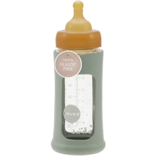 HEVEA Plastic-Free Wide Neck Glass Baby Bottle with Seafoam Blue Sleeve - Medium Flow Anti Colic Baby Bottles 3-24 Months - BPA-Free, Single-Pack (8.5 Oz)