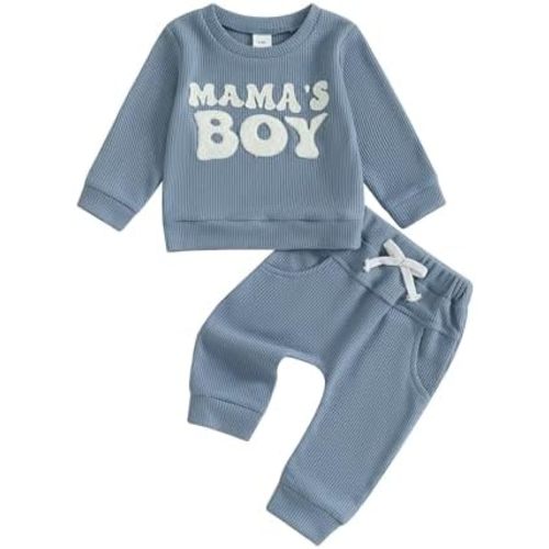 Sejardin Infant Fall Winter Outfit Waffle Baby Boy Clothes Letter Long Sleeve Sweatshirt and Stretch Pants 6 12 18 24M Set