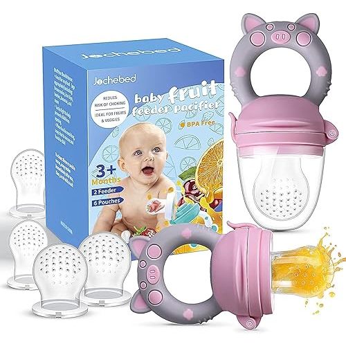 Baby Fruit Food Feeder Pacifier - Fresh Teething Pacifiers, Infant Fruit Teething Teether Toy for 3-24 Months, 6 Pcs Silicone Pouches for Toddlers & Kids & Babies, Piggy Handle 2-Pack (Pink & Gray)