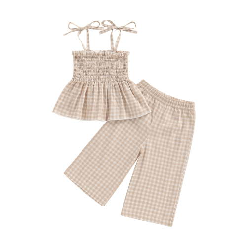 Loicainy Toddler Kids Girl Summer Outfit 6 9 12 18 24 Months 2T 3T 4T 5T Plaid Clothes Bow Sling Ruffle Top Waffle Pants Set