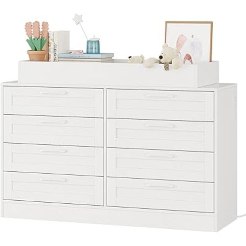 Changing Table Dresser with 8 Wood Drawers, Classic Nursery Dresser, Changing Shelves, Multi-Functional Diaper Changing Station, Dresser for Bedroom (No Pad)