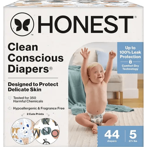 The Honest Company Comfort Dry Disposable Diapers for Sensitive Skin, Hypoallergenic, Fragrance-Free, All The Letters + It's a Pawty, Club Box, Size 5 (27 lbs), 44 Count
