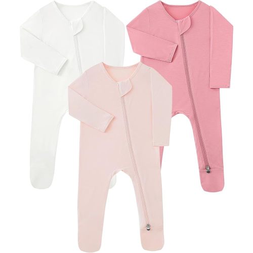 Slumber Buddy Baby Pajamas Newborn Sleepers 0-3 Months for Girl, Rayon Made from Bamboo Infant Double Zipper Zip Up Onesies with Mitten Cuffs Unisex Gender Neutral Viscose