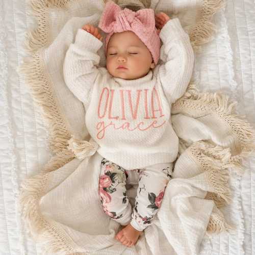 Handmade Baby Girl Outfit: Embroidered Waffle Sweater, Floral Leggings