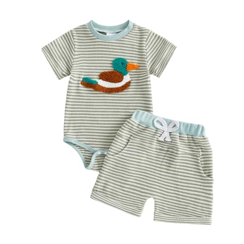 Newborn Baby Boy Summer Clothes Mamas Boy Mallard Duck Short Sleeve Romper Bodysuit Shorts Set Infant Waffle Outfit