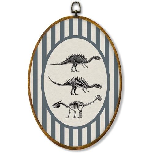 Hiuwevt Vintage Dinosaur Nursery Oval Wall Art Decor, Kids Room Framed Canvas Prints, Dinosaur Fossil Striped Oval Wall Hanging Decor for Kids Boy Nursery Bedroom Playroom Decorations, 8.6x11.4 Inches