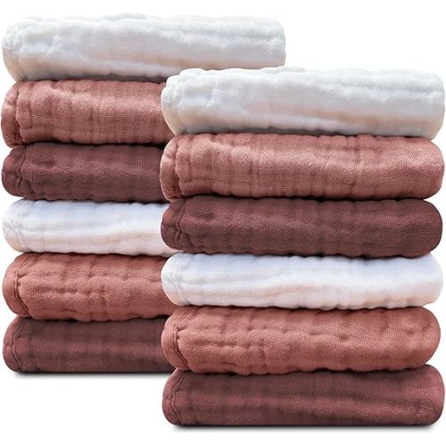 Sunny zzzZZ Baby Muslin Washcloths -100% Cotton Muslin Soft Baby Bath Wash Cloths and Absorbent Burp Cloths for Newborns Kids Girls and Boys -12 Pack, 12x12 Inches - White+Deep Bean Paste Series