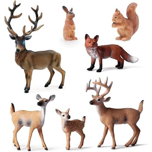 SIENON 7Pcs Forest Animals Figures Toys, Miniature Woodland Wildlife Figurines with Deer Family, Elk, Fox, Rabbit, Squirrel for Kids Jungle Birthday Cake Decoration Christmas Party Favors