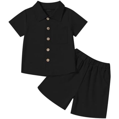 Neutocd Toddler Baby Boy Summer Clothes Cotton Linen Short Sleeve Solid Button Down Shirt Shorts Set Outfits with Pockets