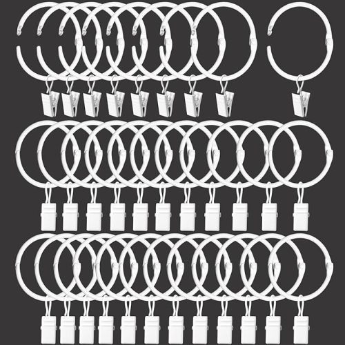 Openable Curtain Rings with Clips, Open Drapery Rings with Hooks, Curtain Clips 1.5 inch Interior Diameter, Fit up to 1.2" Curtain Rod (White, 1.5" I D Set of 32)
