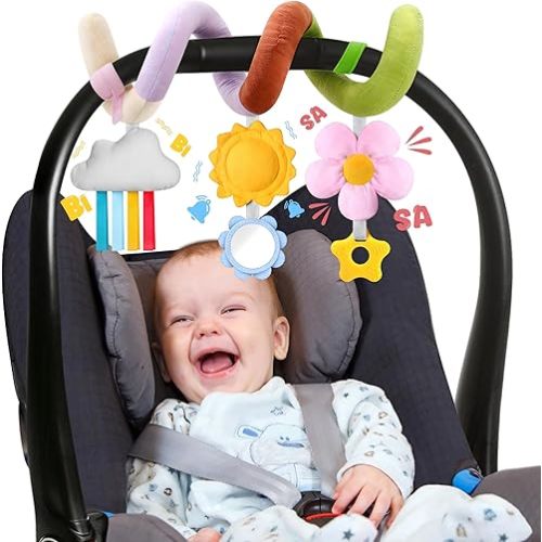 Stuffed Christmas Spiral Baby Car Seat Toys, Best Newborn Shower Gifts, Soft Infant Essentials Must Have Hanging Toys (Vibrant Nature)
