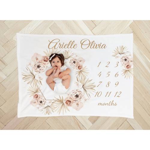 BOHO GIRL BABY Milestone Blanket Personalized Pink Flower Monthly Floral Month Custom Age Growth New Mom Baby Shower Gift Neutral Boho Minky