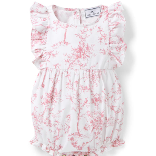 Baby's Twill Ruffled Romper in Pink Timeless Toile