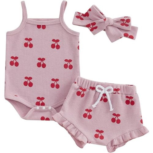 Kaipiclos Cherry Baby Outfit Newborn Infant Girl Clothes Rib Knit Romper & Shorts Waffled Baby Clothes for Girls 0 3 6 12 18M